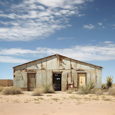 Hyperrealistic Photographic Image of an Old Weathered Warehouse with Faded Paint and Boarded-Up Windows 1 by Kurt Heppke