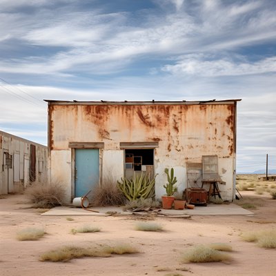 Hyperrealistic Photographic Image of an Old Weathered Warehouse with Faded Paint and Boarded-Up Windows 4 by Kurt Heppke