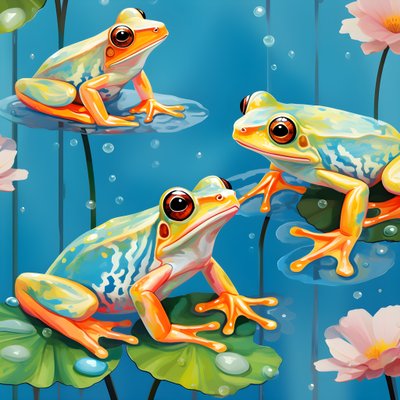 Seamless pattern of a painting of pretty orange and yellow cartoon frogs sitting on lily foliage on the water in watercolor rain 2 by Kurt Heppke