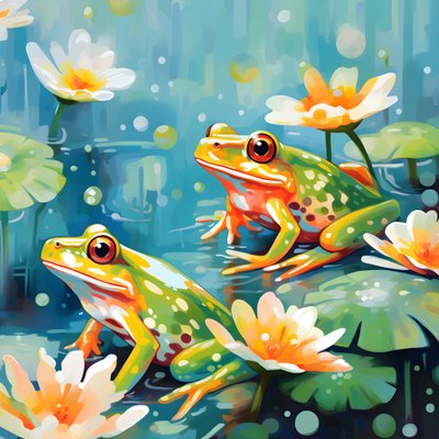 Seamless pattern of a painting of pretty orange and yellow cartoon frogs sitting on lily foliage on the water in watercolor rain 3 by Kurt Heppke