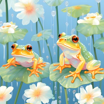 Seamless pattern of a painting of pretty orange and yellow cartoon frogs sitting on lily foliage on the water in watercolor rain 4 by Kurt Heppke
