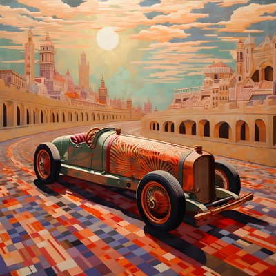 Beautiful, Elegant, Minimalist, Quilted Masterpiece in the Artistic Style of Shepard Fairey: 1 in Commemoration of the Grand Prix of Monaco 1940, Historic Race Cars Competing 4 by Kurt Heppke