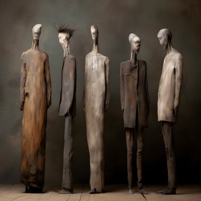 Four Clay Figures of Men Standing Side by Side 2 by Kurt Heppke