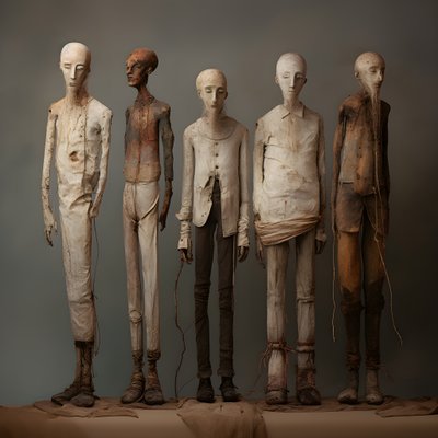 Four Clay Figures of Men Standing Side by Side 4 by Kurt Heppke