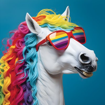 White Horse with Rainbow Glasses on Blue Background 1 by Kurt Heppke