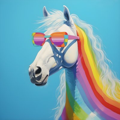 White Horse with Rainbow Glasses on Blue Background 2 by Kurt Heppke