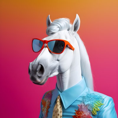 White Horse with Rainbow Glasses on Blue Background 3 by Kurt Heppke