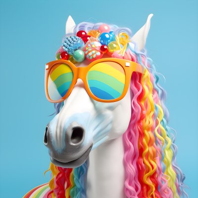 White Horse with Rainbow Glasses on Blue Background 4 by Kurt Heppke