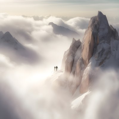 Two People Skiing Over a Cloudy Mountain 2 by Kurt Heppke