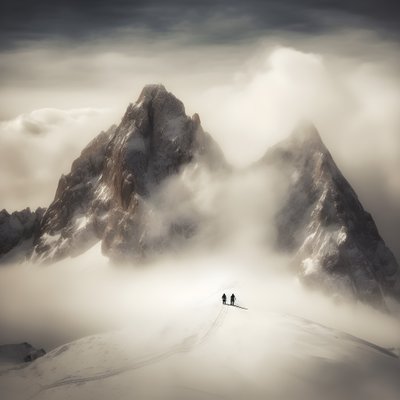 Two People Skiing Over a Cloudy Mountain 2 by Kurt Heppke