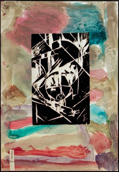 Untitled (Collage with Woodcut on Abstract Painting) by Kurt Schwitters