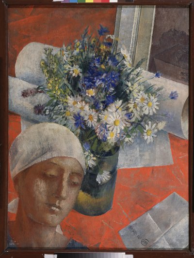 Flowers and Head of a Woman by Kuzma Sergeevich Petrov Vodkin