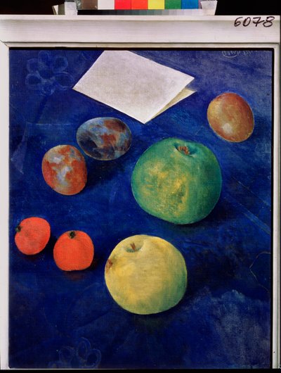 Fruits on a Blue Tablecloth by Kuzma Sergeevich Petrov Vodkin