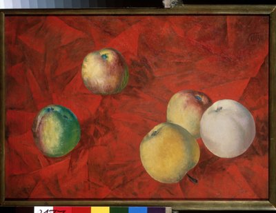 Apples On The Red Background. Painting by Kuzma Sergeyevich Petrov Vodkin by Kuzma Sergeevich Petrov Vodkin