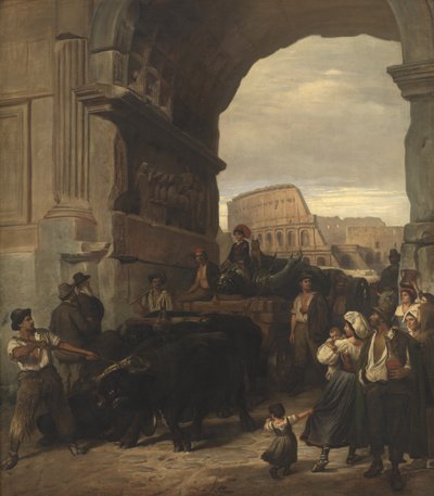 Roman Workmen Transporting an Antique Imperial Statue from the Colosseum through the Arch of Titus to the Capitoline Museums by L.A. Schou