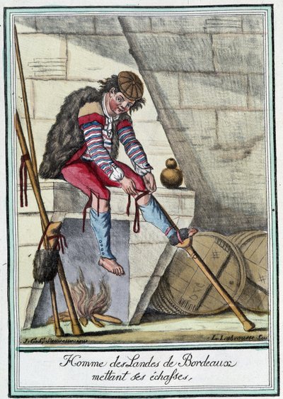 Man of the Landes de Bordeaux putting on his stilts - in “Encyclopédie des voyages” by J. Grasset St Sauveur, Deron, Paris by L.F. Labrousse
