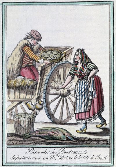 Fishwife of Bordeaux disputing with an oyster merchant from the head of Buch - in Encyclopedia of Travels by J. Grasset St Sauveur, Deron, Paris by L.F. Labrousse