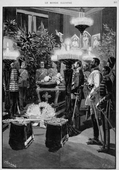 Exhibition of the body of the Russian Emperor Alexander III. Drawing by Moulignié. 