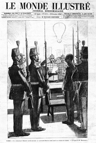 The commander read to Captain Alfred Dreyfus the Arrest of the War Council, Paris. Sketch by Mr. de Moulignie. In 