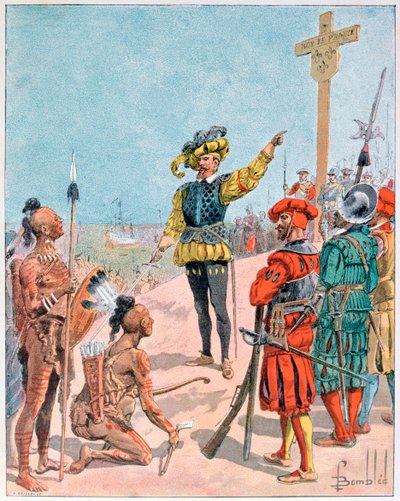 Jacques Cartier takes possession of the Bay of Gaspe, Canada, 1534, 1900 by L Geisleh