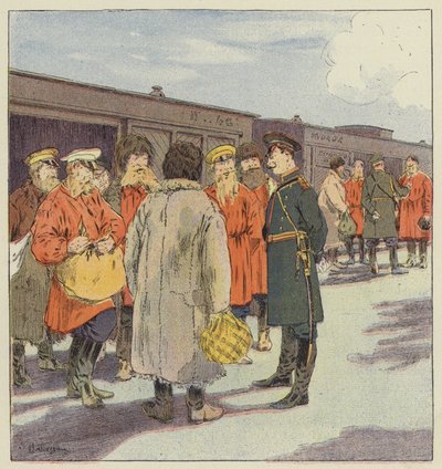 Halt of a train transporting reservists in Manchuria by L. Malespine