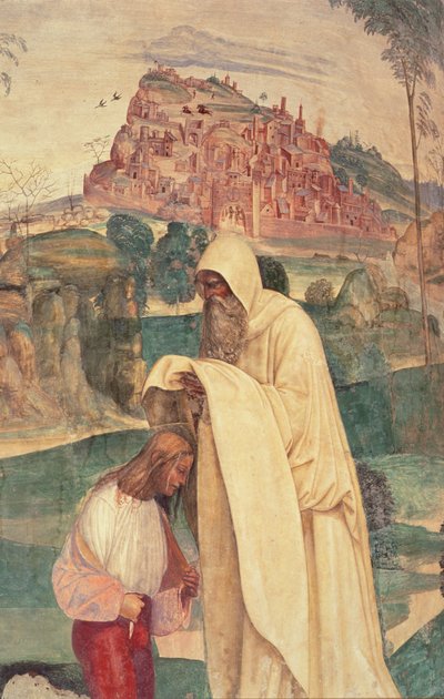 Life of St. Benedict, Scene 4: The Monk Romanus Dresses Benedict by L. Signorelli