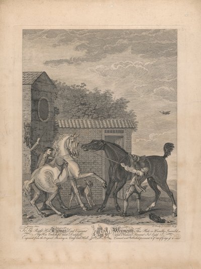 Two Horses Standing Restlessly Outside a Stable (dedicated to Thomas Lord Viscount Weymouth) by L. Truchy