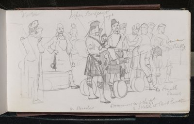 On parade. Drummers of the 79th. A sketch at Parkhurst by Lady  Butler