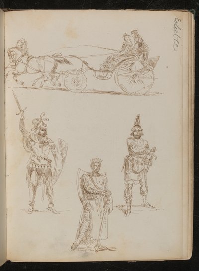 Study of a Horse Drawn Carriage with Three Occupants, Three Studies of Greco-Roman Warriors with Weapons and Shields (pen and ink) by Lady  Butler