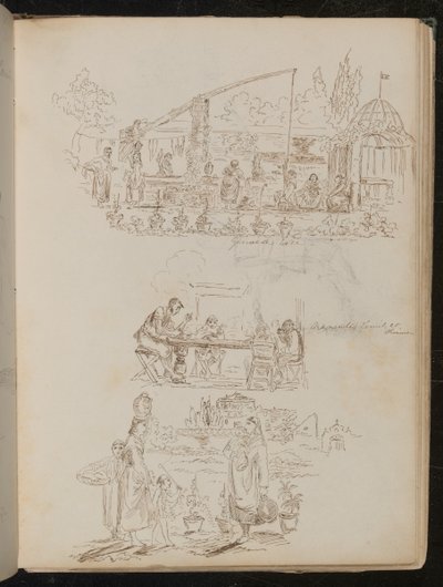 A garden and laundry scene with female figures inscribed 