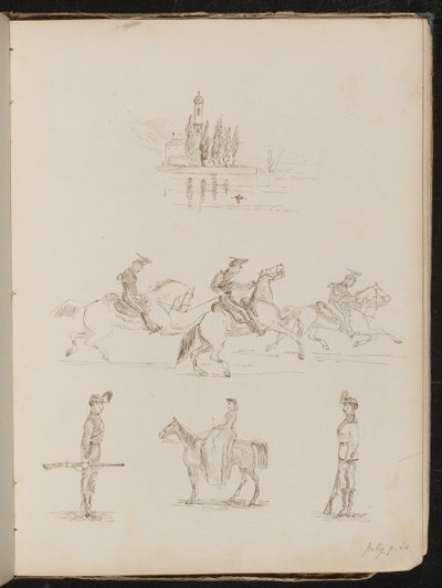 Five studies of a church, soldiers in full dress on horseback, a soldier on guard and a study of woman riding side-saddle by Lady Butler