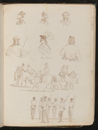 Four Studies of Male Busts, Two of a Woman with Parasol, Study of Group of Men and Woman on Horseback, Study of Group of Soldiers by Lady Butler