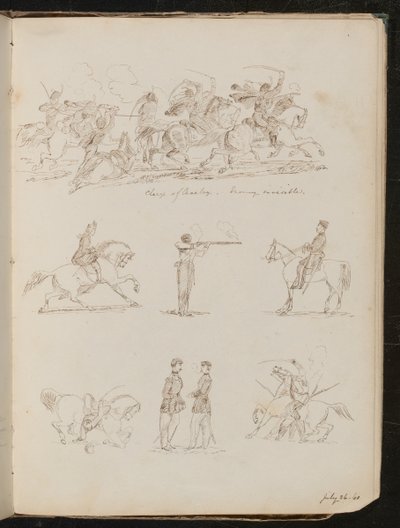 Seven Studies of Cavalry Battles, Soldiers and a Woman Riding by Lady Butler