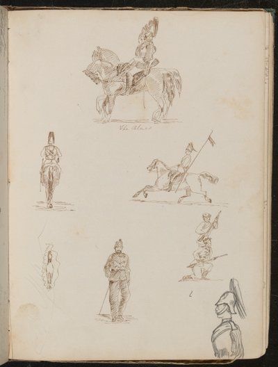 Six Studies of Soldiers, One on Horseback Inscribed "the Blues", Small Study of Horse from the Front by Lady Butler