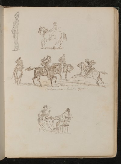 Soldier in full uniform, studies of a youth with fishing rod on horseback, four men on horseback inscribed 