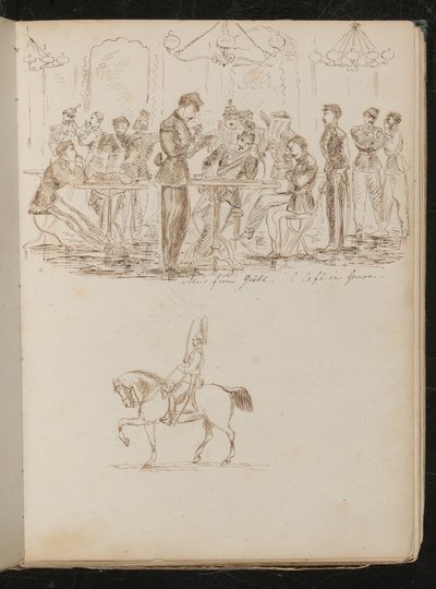 Study of a Café Scene with Soldiers Reading Newspapers Inscribed 