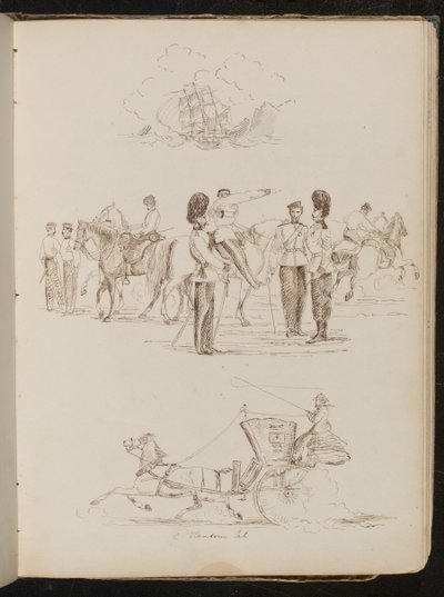 Study of a Ship Blowing on Water, Study of Eight Soldiers and Five Horses, Study of a Horse and Carriage with a Female Rider by Lady Butler