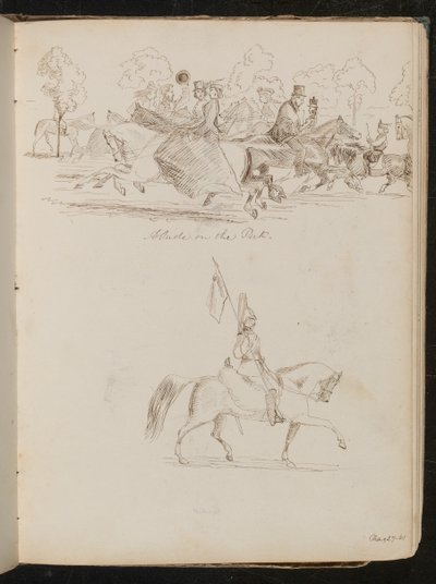 Study of Men and Women on Horseback in a Park, Possibly a Hunt, a Study of a Soldier in Full Dress Uniform on Horseback with a Flag by Lady Butler