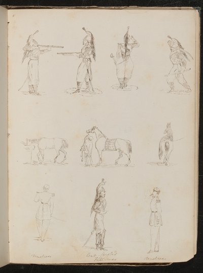 Ten Studies of Soldiers, Horses, Woman Riding Side-Saddle by Lady Butler