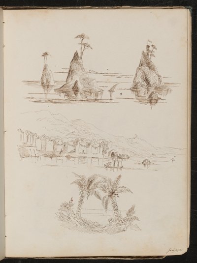 Three studies of rocky islands, a watery landscape with people and boats, and palm trees by Lady Butler