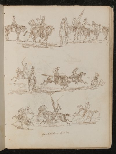 Three Studies of Soldiers on Horseback Inscribed "Garibaldian Cavalry" by Lady Butler