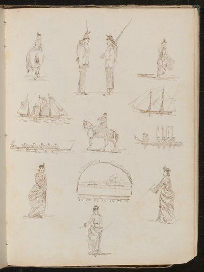 Twelve Studies Showing Woman Riding Side-Saddle, Soldiers in Conversation, Ships, Bugler on Horse by Lady Butler