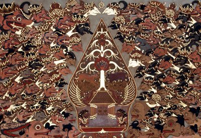 Painting in Wayang Beber style inspired by Theatre of Shadows, Mangkunegaran Palace, Surakarta, Java, Indonesia by Amadeo (after) Modigliani