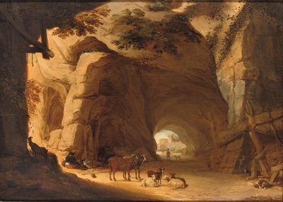 Herdsmen and their cattle resting in a grotto by Lambert Doomer