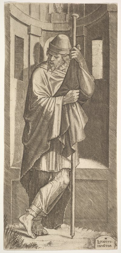 St. James Major leaning on a pole before a niche, his left leg crossed over his right, 1545 by Lambert Suavius