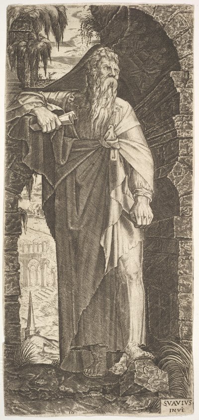 St. Paul standing under an overgrown arch, his left foot poised upon a rock, his right hand raised, 1545 by Lambert Suavius