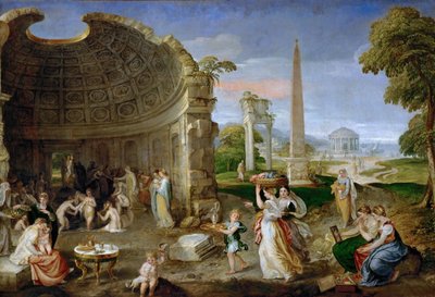 Landscape with antique ruins and bathing women by Lambert Sustris