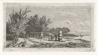 Man and Boy Along the Riverbank by Lambertus  Hardenberg