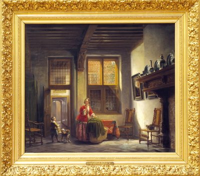Interior with Woman and Child by a Staircase by Lambertus Johannes Hansen