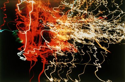 Untitled (Auto headlights white, orange and red, traffic squiggles) by Laszlo Moholy Nagy
